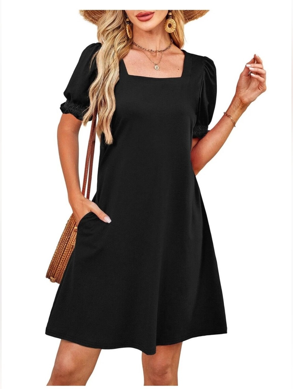 Rumia Womens Large Black Knee Length Dress Puff Sleeve Square Neck Pockets NWT